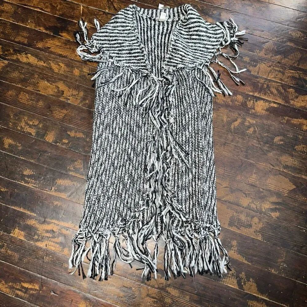 Chicos black & white tasseled striped cozy 1/M cardigan